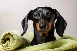 ai generado perro tejonero perrito en un verde toalla en un ligero fondo, perro perro tejonero, negro y broncearse, relajado desde spa procedimientos en el cara con pepino, cubierto con un toalla, ai generado foto