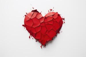 AI generated Broken red heart on white background, valentines day concept, Crumpled red heart paper isolated on a white background, Broken heart concept, AI Generated photo