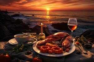 ai generado romántico cena en el playa a puesta de sol. langosta, salmón, caviar, croissants y vino, cena con Mariscos y rojo vino en contra el fondo de un mar atardecer, ai generado foto