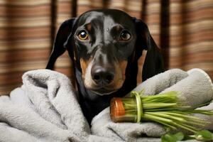 AI generated Dachshund dog with a bouquet of flowers in a towel, Dog dachshund, black and tan, relaxed from spa procedures on the face with cucumber, covered with a towel, AI Generated photo