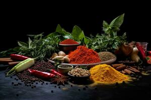 AI generated Spices and herbs on black background. Food and cuisine ingredients, Colorful collection of spices and herbs on a black table, AI Generated photo