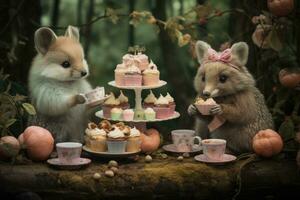 AI generated Cute little fox and rabbit in the forest with sweet cupcakes, A tea party in the forest with adorable woodland creatures and pastel decorations, AI Generated photo