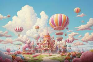 ai generado fantasía hada cuento castillo con caliente aire globos volador en el cielo - ilustración para niños, un juguetón carnaval con mullido algodón caramelo nubes y vistoso ferris rueda, ai generado foto