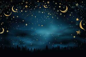 AI generated Night sky with moon and stars. Vector illustration for your design, A starry night sky with a crescent moon and tiny glow in the dark stars, AI Generated photo