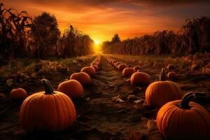 AI generated Pumpkin field at sunset in autumn. Autumn landscape with pumpkins, A pumpkin patch with autumn leaves falling, AI Generated photo