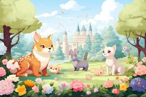 AI generated Cute cartoon animals in the park. Vector illustration of a forest landscape, A lovely park in spring with cute animals and blooming flowers, AI Generated photo