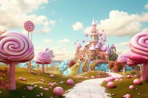AI generated Fantasy castle with lollipops in the garden. 3d render, A sweet candy land with lollipop trees and gumdrop mountains, AI Generated photo