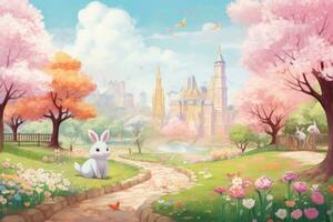 AI generated Illustration of a fairy tale castle on a spring day, with a white rabbit, A lovely park in spring with cute animals and blooming flowers, AI Generated photo