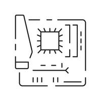 Computer hardware line icon. Graphic card or processor and RAM. GPU or CPU and cooler. Case with motherboard. Vector SSD cable with fan. Computer details.