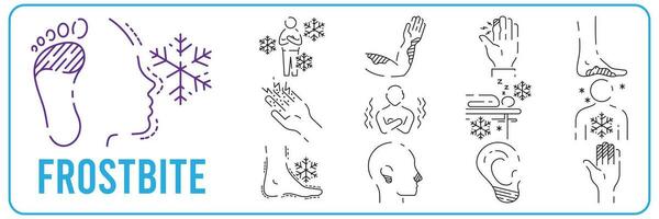 Frostbite. Symptoms, Line icons set. Vector signs for web graphics.