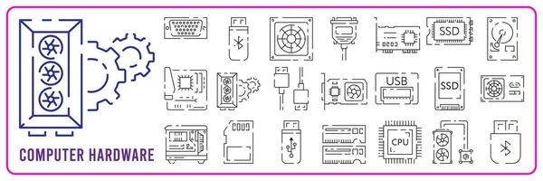 computadora hardware línea icono colocar. gráfico tarjeta o procesador y RAM. gpu o UPC y enfriador. caso con tarjeta madre. vector ssd cable con admirador. computadora detalles.