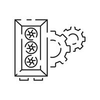 Computer hardware line icon. Graphic card or processor and RAM. GPU or CPU and cooler. Case with motherboard. Vector SSD cable with fan. Computer details.