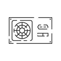 Computer hardware line icon. Graphic card or processor and RAM. GPU or CPU and cooler. Case with motherboard. Vector SSD cable with fan. Computer details.