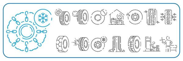Winter tire or tyre linear icon. Car service thin line customizable illustration. Contour symbol. Vector isolated outline drawing. Winter cold road.