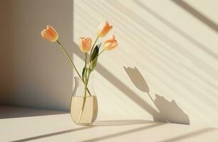AI generated a glass vase with tulips sits on a table with sun coming on it, photo
