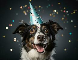 ai generado un perro en pie en un fiesta sombrero con rojo y amarillo arco en el medio, foto