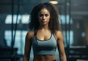 AI generated a black woman standing in a gym wearing a tank top, photo