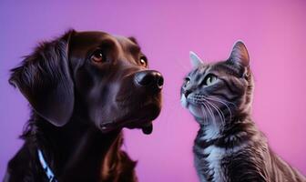 ai generado un perro y gato en pie en un púrpura fondo, foto