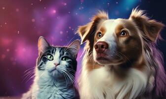 AI generated a cat and dog are sitting in front of a purple background, photo