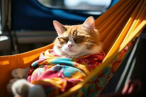 AI generated a cat dressed up in sunglasses is sleeping in a hammock, photo