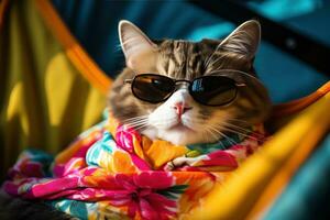 AI generated a cat dressed up in sunglasses is sleeping in a hammock, photo