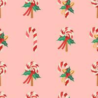 Christmas pattern with lollipop with ribbon, berries, and mistletoe leaves. vector