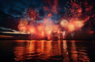 AI generated a large fireworks display over water, photo