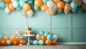 AI generated a party on a table with various balloons and decorations, photo