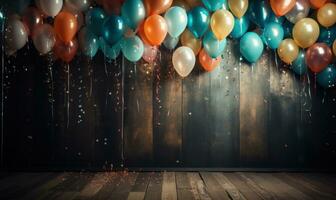 AI generated a wooden background in which colored confetti is tied to colorful balloons, photo