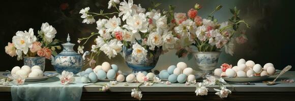 AI generated a round table covered with eggs, peonies, easter treats, photo