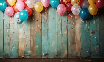 AI generated a wooden background in which colored confetti is tied to colorful balloons, photo