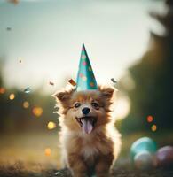 AI generated an adorable puppy in a party hat, photo