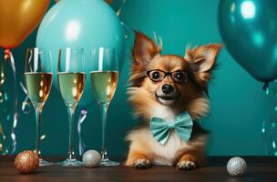 AI generated birthday party dog in glasses, photo