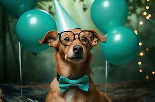 ai generado cumpleaños fiesta perro en anteojos, foto