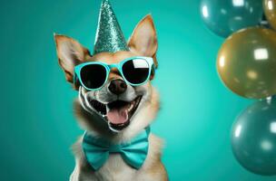 AI generated birthday party dog in glasses, photo