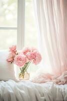 AI generated A white bedroom with a fluffy duvet, a vase of pink roses on a bedside table, photo