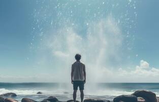 AI generated a man posing with water falling over him, beside a beach, photo