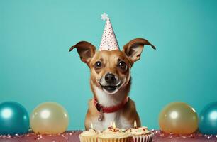 ai generado un rojo perro vistiendo un cumpleaños sombrero, foto