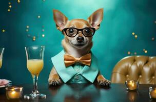 AI generated birthday party dog in glasses, photo