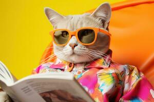 AI generated cat in basket with sunglasses reading yellow magazine wearing shirt, photo