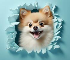 AI generated cute dog pomeranian looking out of a hole in the wall, photo