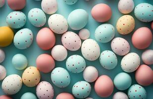 AI generated easter eggs and frame surrounded on a blue table, photo