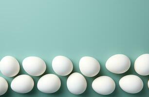 AI generated easter eggs and frame surrounded on a blue table, photo