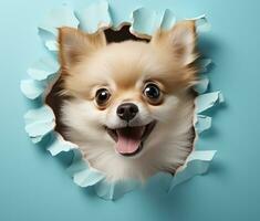 AI generated cute dog pomeranian looking out of a hole in the wall, photo