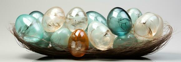 AI generated easter eggs and candy in white nest and grey, photo