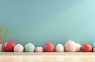 AI generated easter eggs and frame surrounded on a blue table, photo