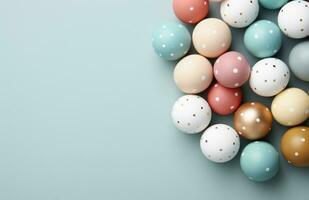 AI generated easter eggs and frame surrounded on a blue table, photo