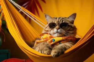 AI generated cat in a hammock laying on the yellow background with sunglasses on, photo