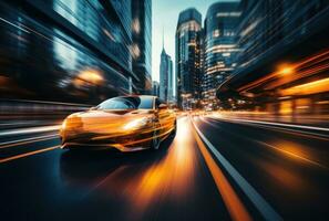 AI generated car speeds in the fast city in blurred motion, photo