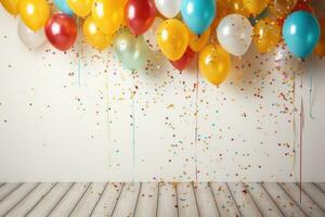 AI generated colorful confetti and balloon are arranged over white wooden background, photo